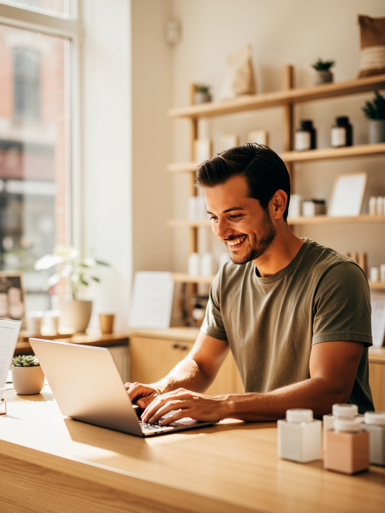 Relaxed business owner smiling with a laptop in a bright store