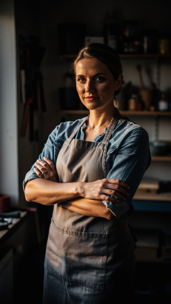 Confident woman in an apron in her workshop