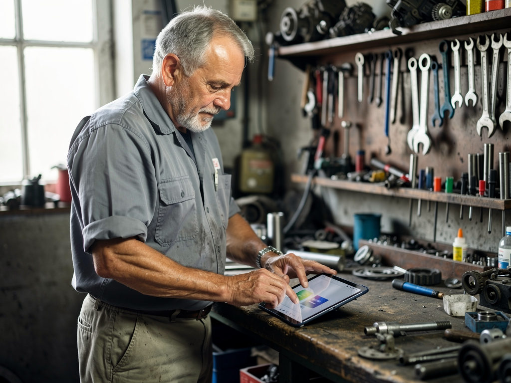 Older man in a repair shop checking a tablet