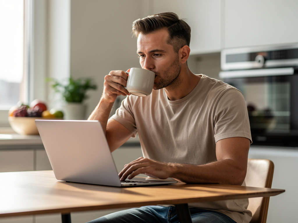 Man drinking coffee while typing on a laptop