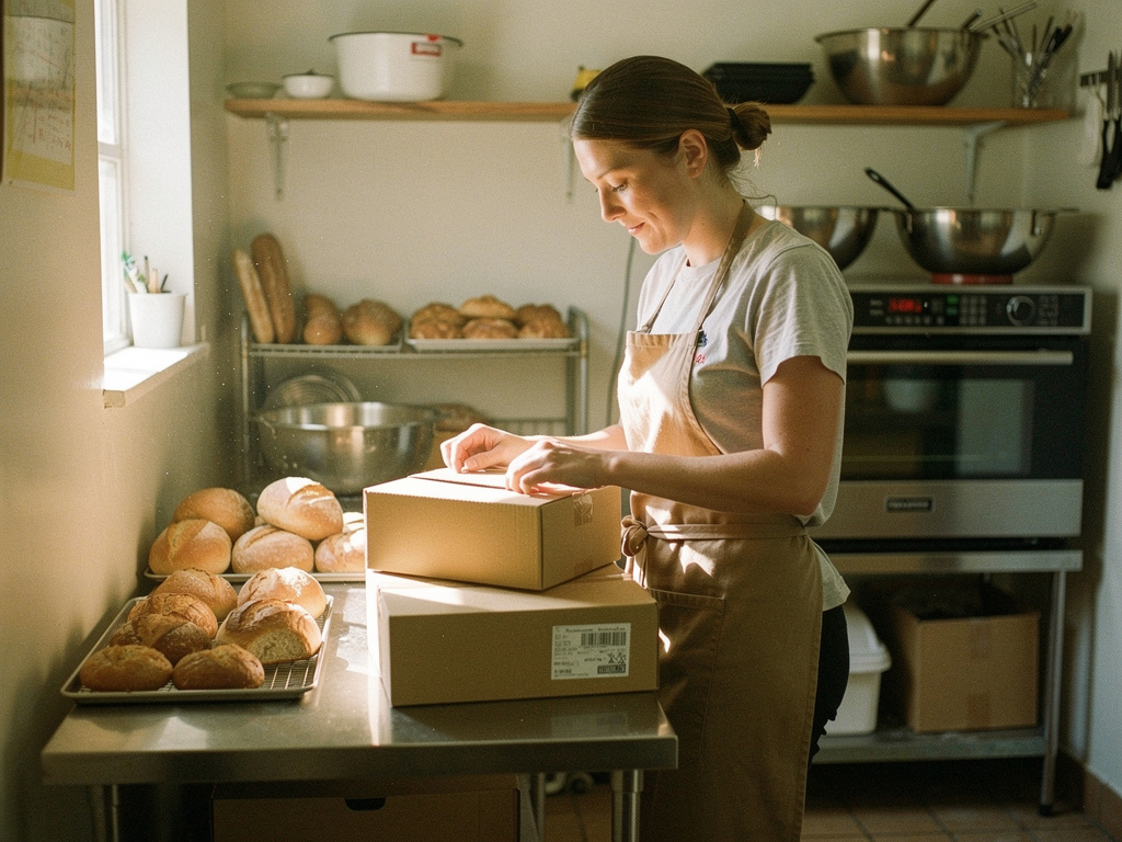 Woman packing boxes in a small bakery kitchen